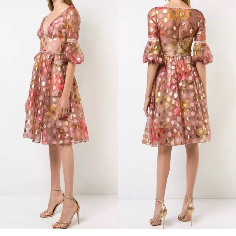 Marchesa Notte‎ V-Neck Bubble Sleeve Polka Dot Cocktail Dress Blush Size 4